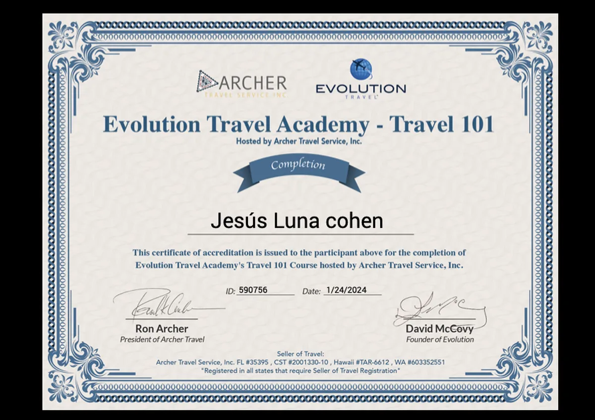 Certificado Evolution Travel Academy Travel 101 de Archer Travel